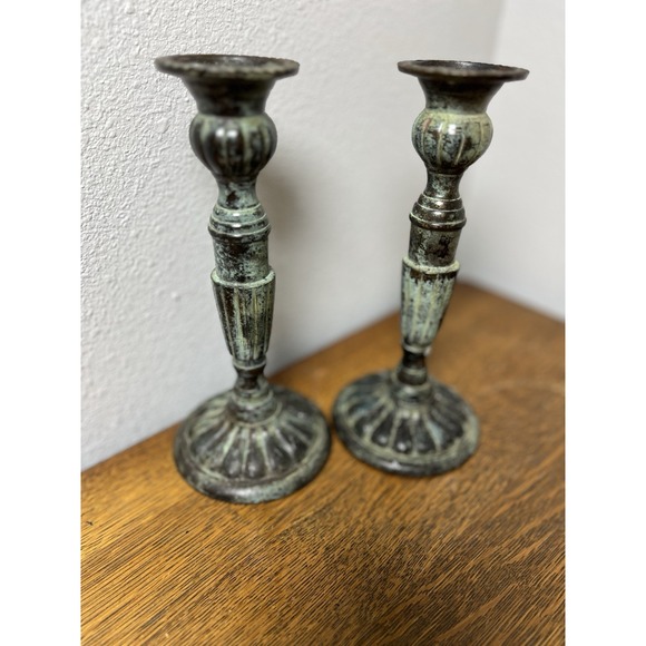 Candlesticks Vintage Brass Candle Holder Great Patina Two Piece AMC New York USA - Picture 13 of 14